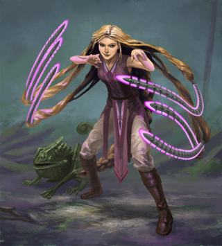 Jedi Rapunzel with techno-hair and alien frog companion